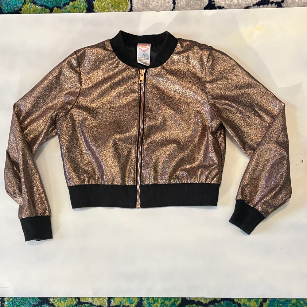 wonder nation Kids Metallic Rose Gold Bomber Jacket with Black Trim